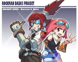  1boy aero_(mega_man) barrett_(mega_man) belt commentary_request female gloves goggles mega_man_(series) mega_man_legends_(series) photoshop_(medium) pink_hair ponytail red_eyes red_hair yuusuke_(5yusuke3) 