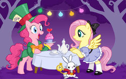  alice_(alice_in_wonderland) alice_in_wonderland angel_(mlp) beverage blue_eyes bow_(disambiguation) clock clothing container cup cupcake dress equid equine female fluttershy_(mlp) fluttershy_in_wonderland food friendship_is_magic furniture green_eyes hair hasbro hat headgear headwear horse lagomorph leporid lights mammal my_little_pony parody pink_hair pinkie_pie_(mlp) pony rabbit table tea tea_cup the_white_rabbit unknown_artist watch 