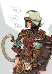  animal_ears armor blush branch_(blackrabbits) brown_hair cat_ears cat_tail club_(weapon) female final_fantasy final_fantasy_xi garter_belt hat mihli_aliapoh mithra_(ff11) panties shield short_hair solo tail translation_request underwear undressing weapon 