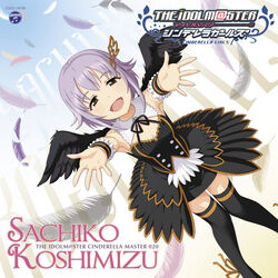  album_cover black_wings character_name cover feathers female hair_ornament idolmaster idolmaster_cinderella_girls koshimizu_sachiko kurogoma official_art pink_hair smile thighhighs wings wrist_cuffs 