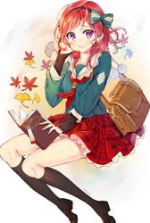  artist_name autumn_leaves bad_id bad_pixiv_id bag blush book bookmark bow commentary_request earrings female ginkgo_leaf hairband hairbow holding holding_book jewelry kneehighs leaf leaf_background long_hair long_sleeves looking_at_viewer love_live! love_live!_school_idol_project maple_leaf neckerchief nishikino_maki open_book plaid plaid_skirt purple_eyes red_hair sitting skirt smile socks solo tucking_hair yotte 