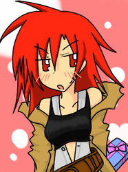  belt blush coat duel_monster gift hiita lowres open_mouth red_eyes red_hair tsundere yu-gi-oh! 