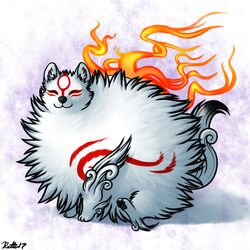  1:1 2017 amaterasu_(okami) ambiguous_gender canid canine canis capcom closed_eyes clover_studio conditional_dnp daww deity digital_media_(artwork) excessive_fluff feral fluffy full-length_portrait fur mammal okami_(capcom) poof portrait ratte simple_background solo white_body white_fur wolf 