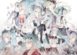  39 ;d aimaina apple arifureta_sekai_seifuku_(vocaloid) bandaid bandaid_on_face bandaid_on_nose bare_shoulders black-framed_eyewear black_footwear black_gloves black_legwear black_skirt bless_you_(module) blue_dress blue_eyes blue_hair blush boots breasts brown_hat brown_jacket brown_skirt card closed_mouth collarbone collared_shirt commentary crop_top cross-laced_clothes dated detached_sleeves dress eyewear_on_head female fingerless_gloves fingernails flower food fruit gloves gradient_background green_eyes green_hair green_nails green_necktie grey_background grey_nails hair_between_eyes hair_flower hair_ornament hat hatsune_miku headphones heart heartbeat_(module) highres holding holding_food holding_mask jacket karakuri_pierrot_(vocaloid) layered_skirt long_hair long_sleeves looking_at_viewer mask midriff military_hat military_jacket multiple_views nail_polish navel necktie nisoku_hokou_(vocaloid) odds_&amp;_ends_(vocaloid) one_eye_closed open_mouth parted_lips peaked_cap playing_card pleated_dress pleated_skirt pointing pointing_at_viewer profile project_diva_(series) red_eyes red_jacket red_scarf regret_(module) rose scarf senbonzakura_(vocaloid) shinkai_shoujo_(vocaloid) shirt siho_(ricchil) sitting skirt sleeveless sleeveless_dress sleeveless_shirt small_breasts smile songover star_(symbol) suna_no_wakusei_(vocaloid) sunglasses tears tell_your_world_(vocaloid) thigh_boots thighhighs twintails unworn_mask very_long_hair vocaloid white_background white_flower white_rose white_shirt wide_sleeves 