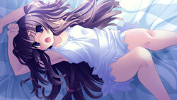  angry arms_up bed blue_eyes blush brown_hair female game_cg highres hinamidori_chiwa long_hair looking_at_viewer lying open_mouth pochi_to_goshujin-sama solo tsurugi_hagane 