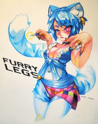  animal_ears anokorok bad_deviantart_id bad_id blue_hair breasts cat_ears cat_tail choker cleavage colored_pencil_(medium) earrings female fingernails fur jewelry large_breasts lipstick makeup nail_polish navel original pencil red_eyes ring sarong sharp_fingernails short_hair solo tail traditional_media 