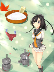  ahoge akizuki_(kancolle) bad_id bad_pixiv_id black_hair blood blush boots chou-10cm-hou-chan clothesline corset female grey_eyes hachimaki hair_ornament headband heart highres kantai_collection leaf leaf_print looking_up maple_leaf mijinko_(rioriorio) no_panties nosebleed panties ponytail print_panties red_panties school_uniform serafuku short_hair skirt smile solo underwear unworn_panties washboard wind wind_lift 