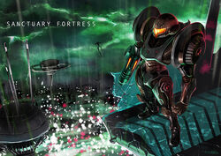  arm_cannon armor arms_at_sides assault_visor cityscape clenched_hand cloud cloudy_sky commentary_request dark_suit_(metroid) english_text female fisheye full_armor full_body glowing gun helmet light lightning metroid metroid_prime_2:_echoes orange_visor outdoors photoshop_(medium) power_armor rain samus_aran scenery science_fiction signature sky solo standing weapon yasukuni_kazumasa 