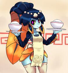  apron balancing blue_skin blunt_bangs blush bowl chelo-stracks colored_sclera colored_skin commentary_request female fins fish_girl hair_ornament minette_(skullgirls) monster_girl pink_eyes rice scales shell skullgirls smile solo thighhighs tray waitress wide_hips yellow_sclera 