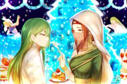  3boys akasakak arabian_clothes blonde_hair brown_hair cake christmas christmas_tree cloak commentary_request cropped_vest enkidu_(fate) fate/grand_order fate_(series) feet_up female food fork gilgamesh_(caster)_(fate) gilgamesh_(fate) green_hair kingu_(fate) long_hair looking_at_another motherly mouth_veil multiple_boys purple_eyes siduri_(fate) snowball throwing upper_body veil vest wheat 