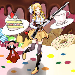  :o beret blonde_hair boots brown_legwear cake cake_slice charlotte_(madoka_magica) cherry chocolate commentary_request cookie cup detached_sleeves doughnut drill_hair female fingerless_gloves food fruit gloves gun hair_ornament hairpin happy hat long_hair magical_girl magical_musket mahou_shoujo_madoka_magica mahou_shoujo_madoka_magica_(anime) open_mouth ornate photoshop_(medium) plate pleated_skirt pudding puffy_sleeves ribbon rifle setona_(daice) skirt sprinkles standing standing_on_one_leg strawberry strawberry_shortcake striped_clothes striped_thighhighs teacup thighhighs tomoe_mami tomoe_mami_(magical_girl) twin_drills twintails vertical-striped_clothes vertical-striped_thighhighs weapon witch&#039;s_labyrinth yellow_eyes zettai_ryouiki 