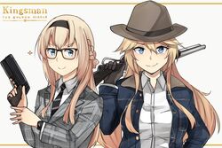  &gt;:) 2girls alternate_costume bespectacled black-framed_eyewear black_necktie blonde_hair blue_eyes brown_hat buttons commentary glasses gun hair_between_eyes hat holding holding_gun holding_weapon ido_(teketeke) iowa_(kancolle) kantai_collection kingsman:_the_golden_circle kingsman:_the_secret_service long_hair long_sleeves multiple_girls necktie parody smile sparkle v-shaped_eyebrows warspite_(kancolle) weapon 