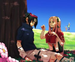  3boys black_hair blonde_hair closed_eyes dappled_sunlight detached_sleeves flower flower_wreath forehead_protector grass green_eyes hatake_kakashi head_wreath konohagakure_symbol long_hair meiko_(puua) multiple_boys naruto naruto_(series) outdoors pink_hair reading sakura_haruno shaded_face signature sitting sleeping smile squatting sunlight tree uchiha_sasuke uzumaki_naruto vest 