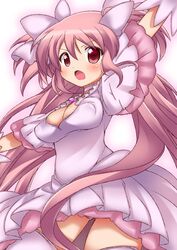  bad_id bad_pixiv_id breasts cleavage female gloves kaname_madoka long_hair mahou_shoujo_madoka_magica mahou_shoujo_madoka_magica_(anime) medium_breasts meiro_(yuu) panties pantyshot pink_eyes pink_hair solo spoilers thighhighs twintails two_side_up ultimate_madoka underwear 