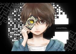  1boy bad_id bad_pixiv_id brown_eyes brown_hair c_(control) glowing glowing_eye male_focus solo yamabuki_kanon yellow_eyes yoga_kimimaro 