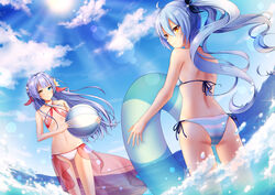  2girls absurdres ahoge ass ball bare_arms bare_back bare_shoulders bikini blue_bikini blue_eyes blue_hair blue_innertube blue_ribbon blunt_bangs breasts closed_mouth cloud cloudy_sky collarbone commentary_request criss-cross_halter day expressionless flat_chest floating_hair flower hair_between_eyes hair_flower hair_intakes hair_ornament hair_ribbon halterneck heterochromia highres holding holding_ball holding_swim_ring innertube kara_(king&#039;s_raid) king&#039;s_raid lens_flare light_particles light_purple_hair light_rays long_hair looking_at_viewer looking_back multiple_girls navel ocean ositi0528 outdoors photoshop_(medium) red_bikini red_sarong ribbon sarong shoulder_blades side-tie_bikini_bottom sidelocks sky small_breasts smile sonia_(king&#039;s_raid) standing striped_bikini striped_clothes sun sunbeam sunlight swim_ring swimsuit twintails very_long_hair wading wavy_hair wind yellow_eyes yellow_flower 