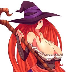  bare_shoulders breasts chelo-stracks chelostracks cleavage detached_sleeves dragon&#039;s_crown female female hair_over_one_eye hat huge_breasts long_breasts long_hair red_eyes red_hair simple_background solo sorceress_(dragon&#039;s_crown) staff standing upper_body white_background witch_hat 