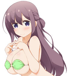  bikini blush braid breasts brown_hair closed_mouth collarbone commentary_request female french_braid half_updo hinata_masaki kyouzuka_shion large_breasts long_hair looking_at_viewer micro_bikini photoshop_(medium) purple_eyes shiny_skin simple_background slow_start steepled_fingers swimsuit upper_body white_background 