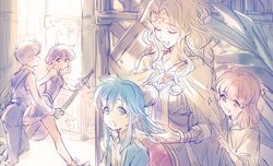  1boy blue_hair bomssp brushing_another&#039;s_hair brushing_hair commentary_request edain_(fire_emblem) fire_emblem fire_emblem:_genealogy_of_the_holy_war highres lana_(fire_emblem) larcei_(fire_emblem) long_hair multiple_girls open_mouth scathach_(fire_emblem) seliph_(fire_emblem) smile 