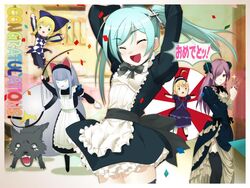  5girls ahoge angry animal_ears anna_(gekkou_no_carnevale) arms_up black_thighhighs blonde_hair bow closed_eyes confetti congratulations cornalina cross dress drill_hair frills game_cg gekkou_no_carnevale green_eyes grey_hair hair_ornament hair_over_one_eye happy jester knife long_hair lunaria maid maid_headdress multiple_girls o_o oosaki_shin&#039;ya pantyhose perla purple_hair short_hair thighhighs twintails whip zettai_ryouiki 