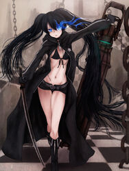  arm_cannon belt bikini bikini_top_only black_bikini black_hair black_rock_shooter black_rock_shooter_(character) black_shorts blue_eyes coat commentary_request denim denim_shorts female flat_chest highres huge_weapon katana legs long_hair midriff no_shirt open_clothes open_coat scharfschutze shorts solo swimsuit sword twintails very_long_hair weapon 