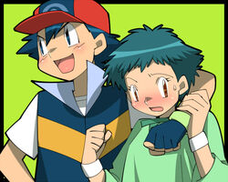  1boy amada androgynous angie_(pokemon) baseball_cap blush commentary_request couple female fingerless_gloves gloves hat open_mouth pokemon pokemon_(anime) pokemon_dppt_(anime) satoshi_(pokemon) short_hair straight sweatdrop wristband 