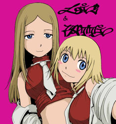  2girls bad_id bad_pixiv_id blue_eyes blush_stickers elizabeth_thompson jpeg_artifacts light_brown_hair long_hair looking_at_viewer mac-v multiple_girls necktie off_shoulder patricia_thompson pink_background siblings simple_background sisters sleeveless sleeveless_turtleneck soul_eater turtleneck upper_body white_necktie 