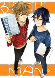  2boys ahoge bad_id bad_pixiv_id bakuman black-framed_eyewear black_pants blue_eyes blue_hair blue_pants blue_shirt book brown_eyes brown_hair closed_mouth collarbone full_body g-pen glasses headphones headphones_around_neck holding holding_book holding_paper holding_pen jacket light_brown_hair long_sleeves looking_at_viewer male_focus mashiro_moritaka messy_hair multiple_boys pants paper pen raglan_sleeves shirt shoes short_hair smile sneakers standing striped_clothes striped_shirt sumishuu takagi_akito track_jacket turtleneck turtleneck_jacket white_footwear zipper 