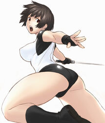  ass black_footwear black_gloves black_hair boots breasts commentary_request female fingerless_gloves gloves holding holding_sword holding_weapon jinroku large_breasts looking_at_viewer open_mouth outstretched_arm photoshop_(medium) sekigan_juu_mitsuyoshi short_hair simple_background solo sword weapon white_background 