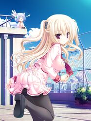  2girls animal_ears bad_id bad_pixiv_id blonde_hair bra-ban! commentary_request crossover day hibarigaoka_yuki long_hair mikagami_mamizu mole mole_under_eye multiple_girls pantyhose purple_eyes rindou_ruri rooftop school_uniform shoes sky tail tenshinranman twintails two_side_up 