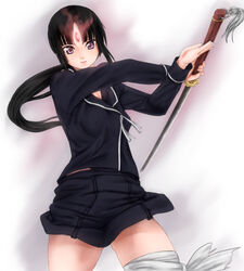  bad_id bad_pixiv_id bandages black_hair commentary_request female ga-rei ga-rei_zero isayama_yomi katana long_hair ponytail purple_eyes scharfschutze school_uniform solo sword weapon 