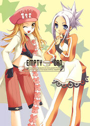  2girls blue_eyes blush blush_stickers cover cover_page crop_top doujin_cover fea_(summon_night) finger_to_mouth gloves hand_on_own_hip hat lisher midriff miyabi_juri multiple_girls one_eye_closed orange_eyes orange_hair pointing ponytail rabbit shorts silver_hair smile star_(symbol) striped summon_night summon_night_4 white_hair 