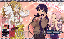  5girls absurdres antispiral_nia beads belt blonde_hair dark_persona darry_adai glasses hair_iron highres kiyal_bachika leite_jokin long_hair multiple_girls nia_teppelin official_art pink_hair ponytail purple_hair scan shawl shinagawa_hiroki sweater tengen_toppa_gurren_lagann tengen_toppa_gurren_lagann:_lagann-hen tunic wavy_hair yoko_littner 