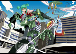  ancient_fairy_dragon card chiyomi city commentary_request dragon duel_disk duel_monster externally_piloted_mecha female green_hair holding holding_card lens_flare luca_(yu-gi-oh!) mecha parody ranguage rideback robot yellow_eyes yu-gi-oh! yu-gi-oh!_5d&#039;s 