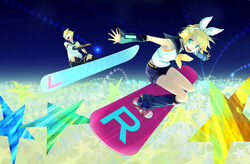  1boy blonde_hair blue_eyes brother_and_sister commentary_request female habuki hair_ornament hair_ribbon hairclip kagamine_len kagamine_rin ribbon shooting_star short_hair shorts siblings sky sky_surfing skyboard smile snowboard star_(sky) star_(symbol) starry_sky surfing twins vocaloid 