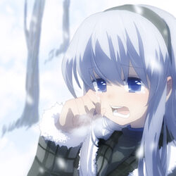  bad_id bad_pixiv_id blue_eyes clannad female long_hair photoshop_(medium) purple_hair sakagami_tomoyo snow solo tears winter_clothes zhuo_mi 