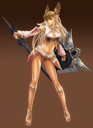  artist_request blonde_hair blue_eyes elf elf_(lineage_2) female jewelry lineage lineage_2 long_hair long_legs necklace photoshop_(medium) player_character_(lineage_2) pointy_ears shield solo sword weapon 