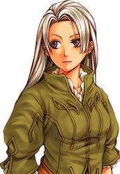  casual chris_lightfellow earrings female gensou_suikoden gensou_suikoden_iii ishikawa_fumi jacket jewelry lipstick long_hair makeup official_art purple_eyes silver_hair simple_background solo 