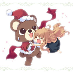  aisaka_taiga bear border brown_hair christmas commentary_request dress female hat hug long_hair santa_costume santa_hat scarf sparkle takamura_masaya toradora! 