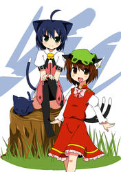  2girls ahoge animal_ears bell blue_hair blush brown_eyes brown_hair cat_ears cat_tail chen crossover earrings feline green_eyes hat imageboard_desourced jewelry jingle_bell kyouran_kazoku_nikki midarezaki_kyouka morino_harifu multiple_girls multiple_tails non-web_source oerba_yun_fang panties pantyshot short_hair sitting smile tail thighhighs touhou tree_stump underwear 