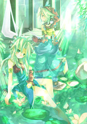  1boy absurdres barefoot blonde_hair braid commentary_request female green_eyes hat highres imu_(lom) legend_of_mana photoshop_(medium) salumak seiken_densetsu toto_(lom) twin_braids 