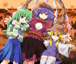  3girls blonde_hair commentary_request frog green_hair hair_ornament hat kochiya_sanae leaf_hair_ornament moriya_suwako multiple_girls purple_hair pyonta sasago_kaze snake thighhighs touhou yasaka_kanako 