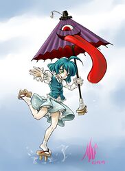  :p blue_hair commentary female geta green_eyes heterochromia karakasa_obake madkoifish mixed-language_commentary oil-paper_umbrella purple_umbrella red_eyes socks solo tatara_kogasa tongue tongue_out touhou umbrella 