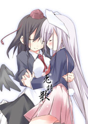  2girls animal_ears arm_around_waist black_hair black_wings blush closed_eyes couple detached_wings formal hat holding_hands interlocked_fingers long_hair miniskirt mizuno_minato multiple_girls pink_hair rabbit_ears rabbit_tail reisen_udongein_inaba shameimaru_aya skirt tail tokin_hat touhou very_long_hair wings yuri 