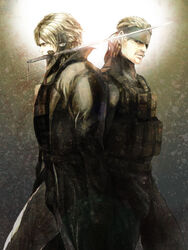  2boys bad_id bad_pixiv_id black_eyes cyborg facial_hair headband jacket male_focus metal_gear_(series) metal_gear_solid moustache multiple_boys old_snake raiden_(metal_gear) shouko_(3m) solid_snake sword weapon white_eyes white_hair 