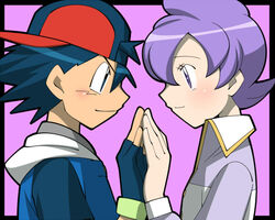  1boy amada anabel_(pokemon) bad_id bad_pixiv_id baseball_cap blue_eyes blue_hair blush couple female fingerless_gloves gloves hat hood hoodie pokemon pokemon_(anime) pokemon_rse_(anime) purple_eyes purple_hair satoshi_(pokemon) short_hair simple_background straight symmetrical_hand_pose 