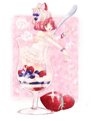  bad_id bad_pixiv_id cup dress elbow_gloves female food food_as_clothes frills fruit gloves highres ice_cream in_container in_cup in_food mini_person minigirl momoyama_nozomu original parfait red_eyes red_hair short_hair solo strawberry 