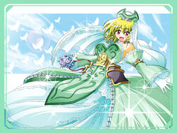  adapted_costume alternate_weapon blonde_hair blush bouquet bridal_veil bride commentary_request detached_sleeves dress earrings female flower hat jewelry klarwind lyrical_nanoha mahou_shoujo_lyrical_nanoha mahou_shoujo_lyrical_nanoha_a&#039;s necklace red_eyes shamal short_hair smile solo veil wakabayashi_makoto weapon wedding wedding_dress 