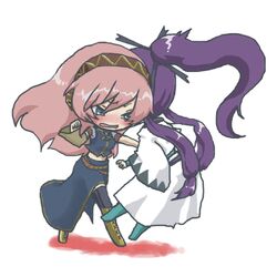  1boy blush chibi commentary_request embarrassed female kamui_gakupo long_hair lowres makura_(mamemura) megurine_luka punching thighhighs vocaloid 