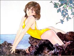  1990s_(style) ass brown_eyes brown_hair den&#039;ei_shoujo female hayakawa_moemi imageboard_desourced katsura_masakazu non-web_source ocean one-piece_swimsuit realistic red_eyes retro_artstyle rock short_hair solo swimsuit 